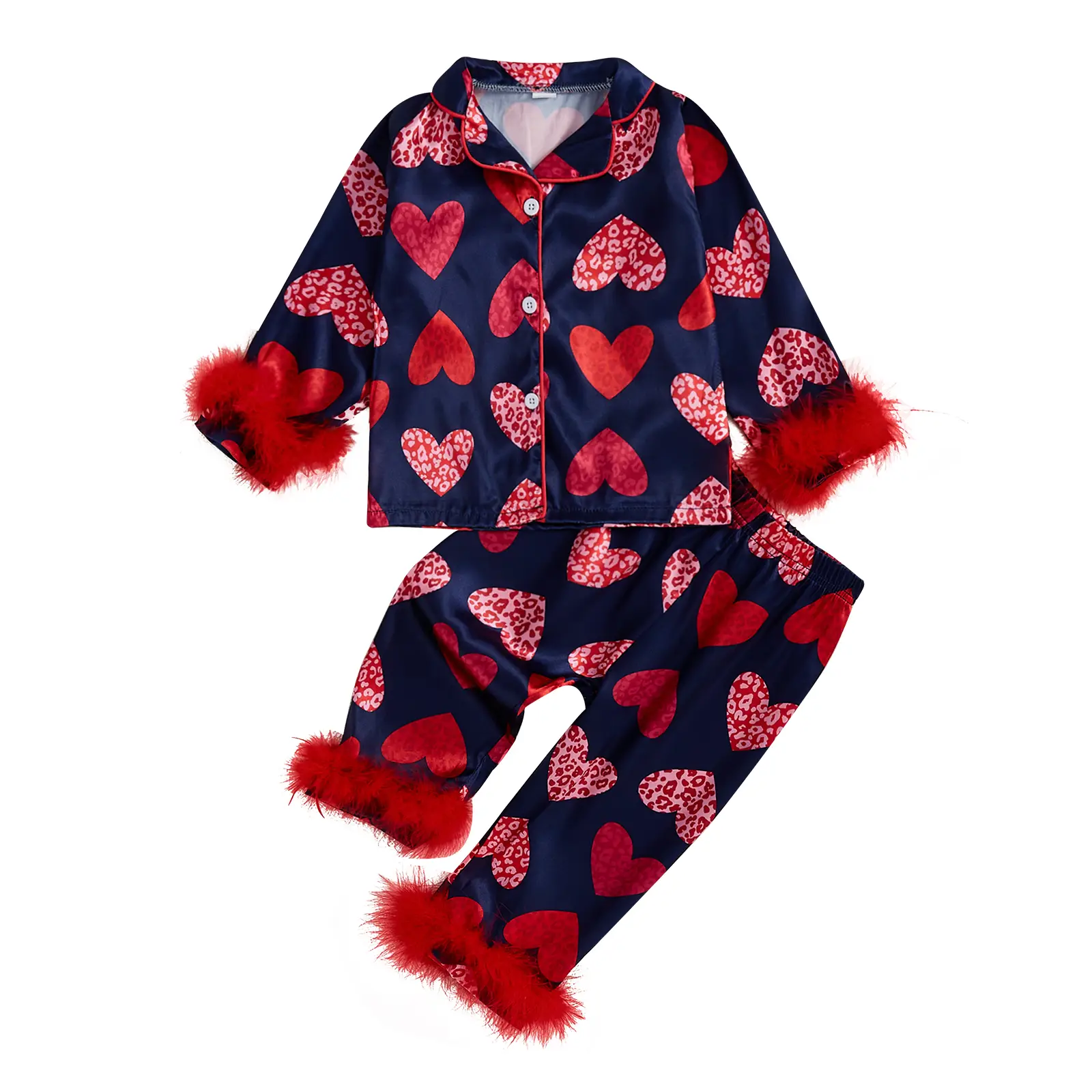 Canrulo Toddler Baby Girls Valentines Day Satin Silk Pajamas Button Down 2 Piece Pajama Set Big Kids Teen Girls Pjs Nightgown Outfits