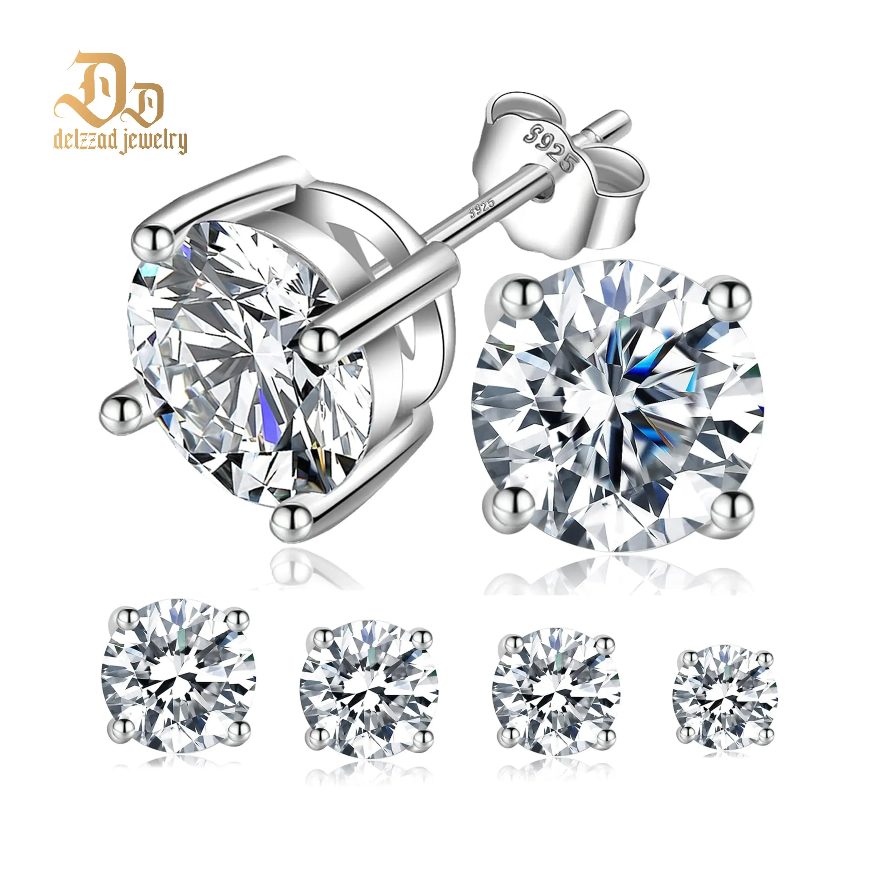 Delzzad Round Lab-Created Moissanite Stud Earring S925 Sterling Silver Moissanite Jewelry Perfect Birthday Mother’s Day Gift for Men Women Wedding Set