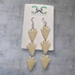 3-Tier White Mini Arrowhead Earrings | Handmade Polymer Clay | Sterling Silver .925 Hooks | Lightweight & Hypoallergenic | Textured Tribal-Inspired Dangle Earrings | Creative Clay
