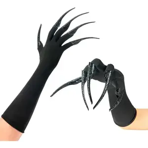 Long Finger Claw Gloves Black paw gloves, scary vampire witch demon crow Halloween Cat nail rings Cosplay costume accessories For women costume (gloves &amp; 10pcs claws)