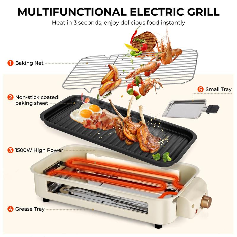 Pukomc Indoor Smokeless Electric Grill – 1500W, Rapid Heating, Non-Stick Removable Plate, Includes 3 Mini Raclette Pans & Wooden Spatulas, Dishwasher Safe, Constant Temperature