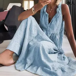 2025 Women's Sleeveless Cotton Linen Flared Dress Casual Womenswear