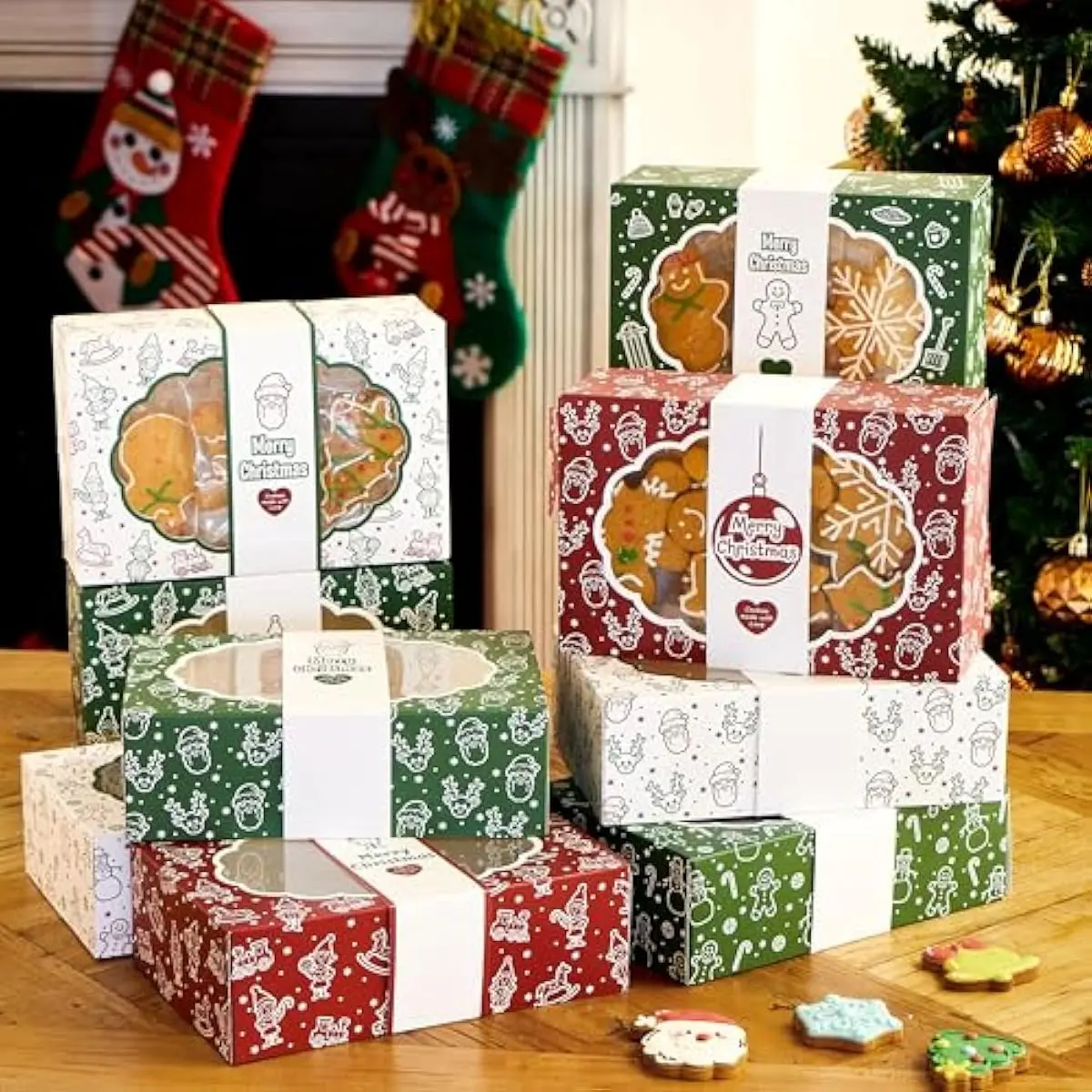 12PCS Christmas Cookie Boxes for Gift Giving, 8.5" x 5.75" x 2.75" Xmas Holiday Bakery Treat Boxes with Window, 4 Design Cookie Containers Box for Baked Goods, Cupcake, Pastry, Candy