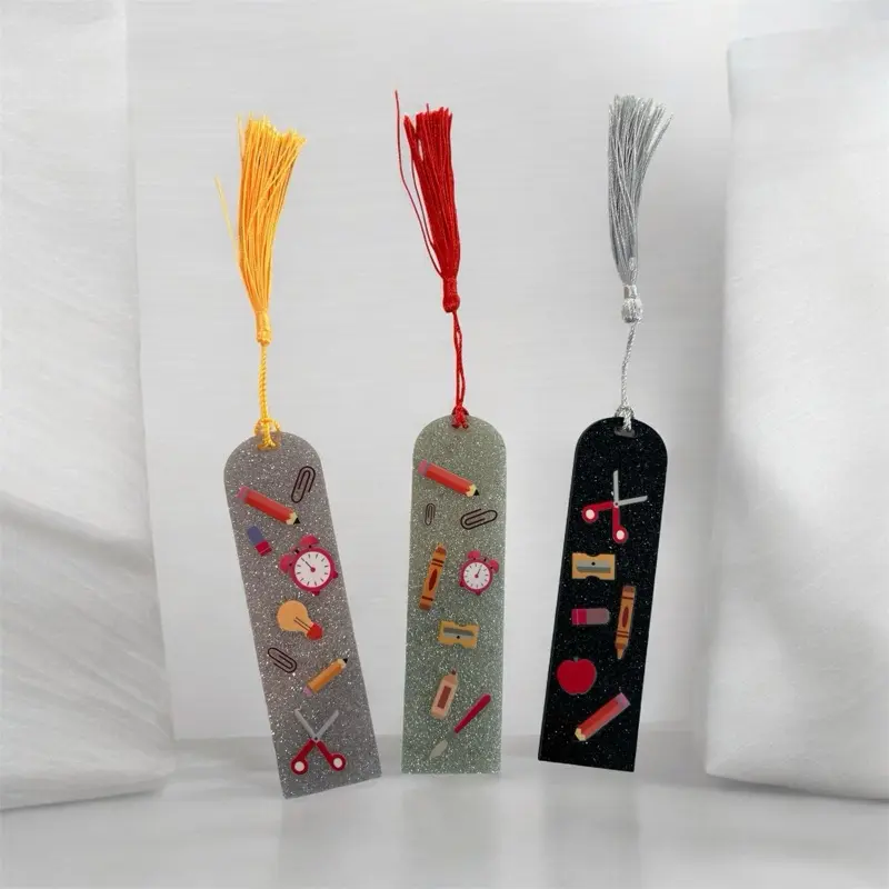 Teacher Themed Bookmarks with Colorful Tassels and Educational Icons for Book Lovers