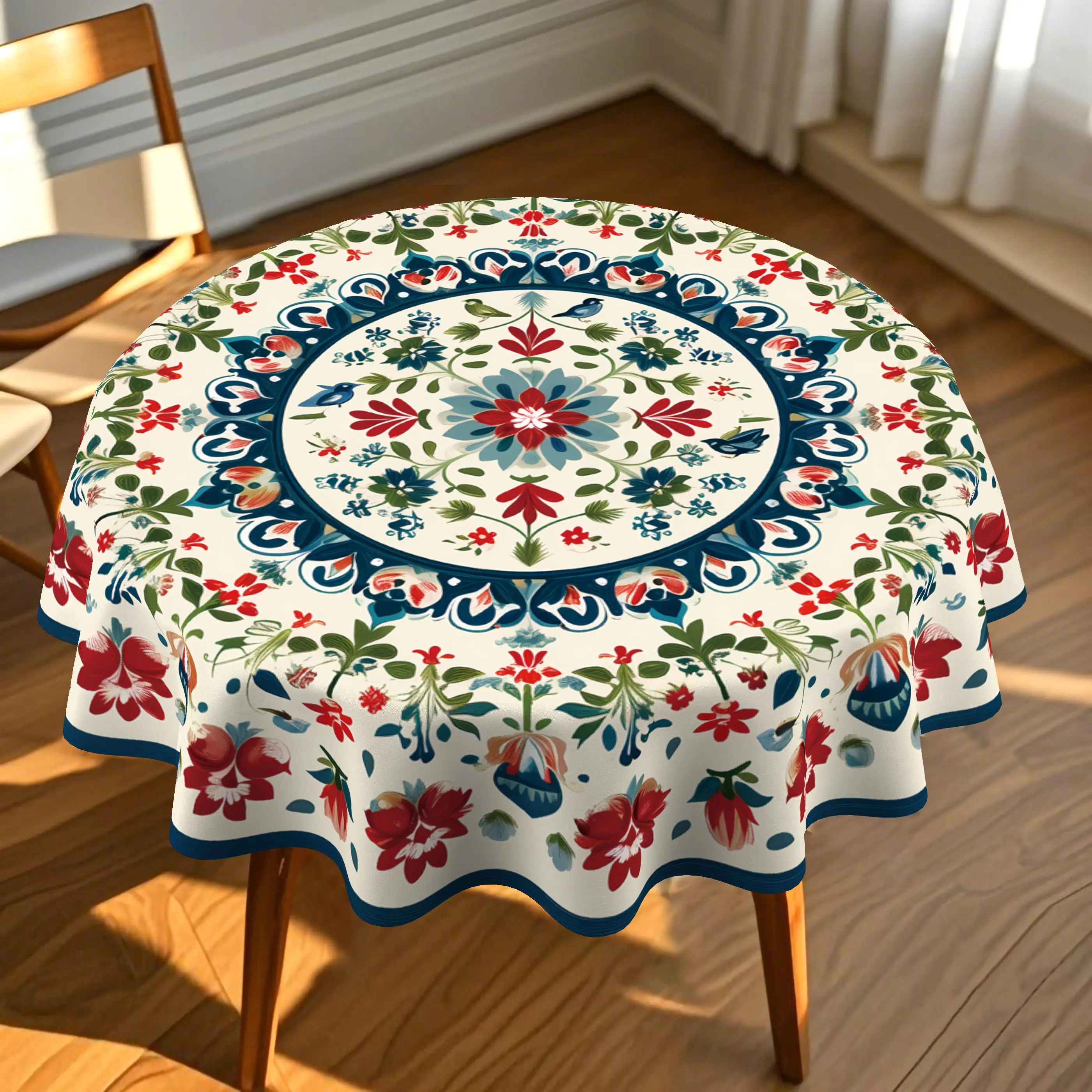 EastJia 1pc Polyester Round Elegant Tablecloth - 2D Flat Graphic Print, Vibrant Blue/Green/Red Tulip Motif, Boho Ethnic Design, Durable, Easy to Clean, Machine-Made, Ideal for Party Dining, Home Decor, Room Decor