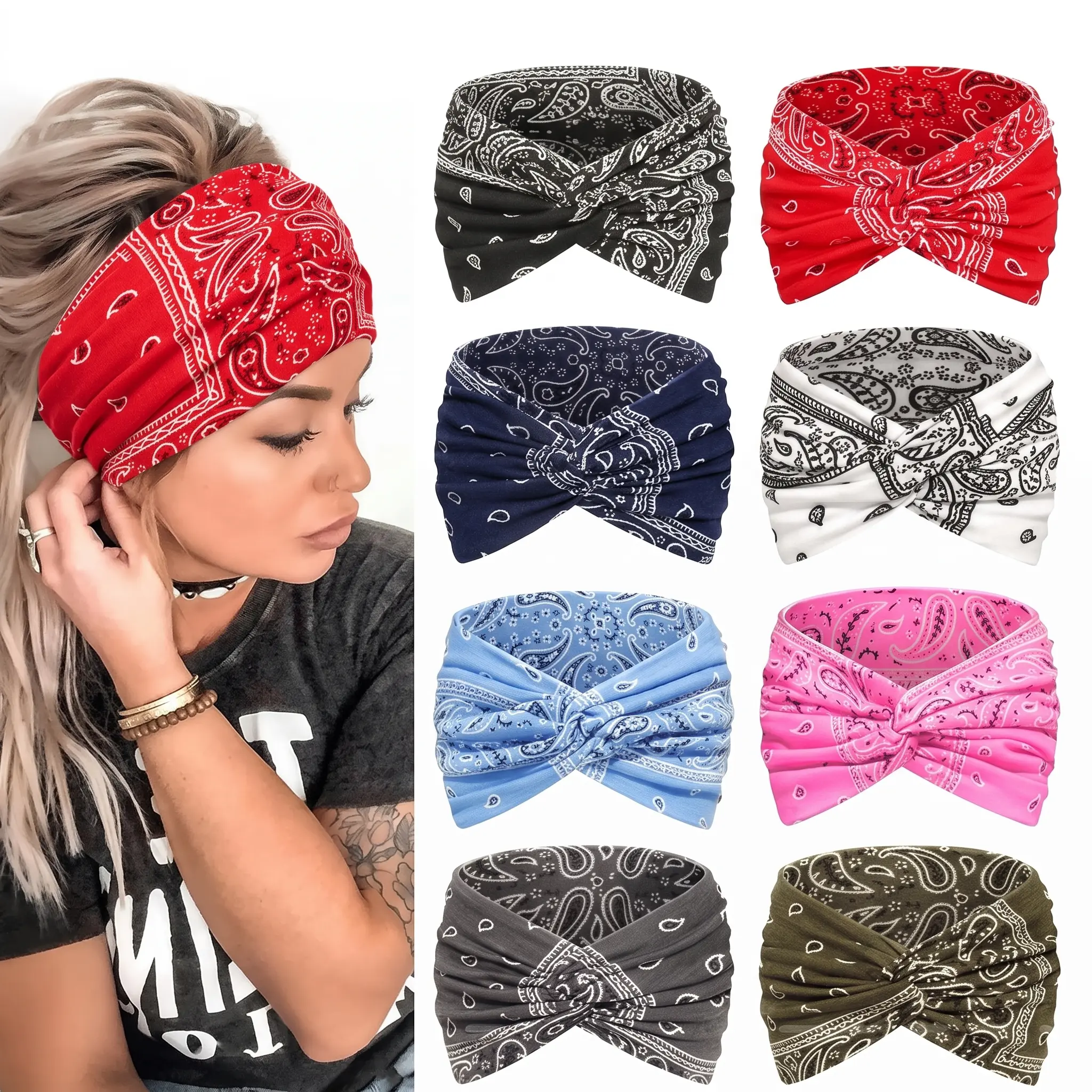 Women's 8PCS Wider Band Paisley Boho Turban Headbands, Non-Slip Sweat-Absorbing Polyester Matching Headbands for Yoga, Daily Wear
