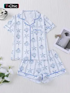 Women's Sleepwear Set, Soft Short Sleeve Shirt & Elastic Shorts, Casual Home Wear, Homewear, Loungewear, Comfortable Daily, Perfect for Parties, Matching Pj Set, Pajama, Pjs