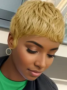 Human Hair Pixie Cut Wig for Women Honey Blonde Wave Short Wig with Bangs  for Party Daily Use