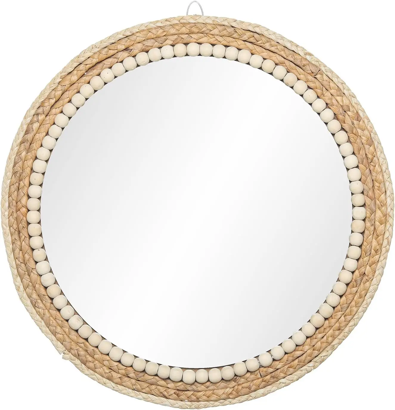 18-Inch Single Boho Wicker Round Wall Mirror, Decorative Rattan Circle Mirror with Wall Mount for Farmhouse, Living Room Gift, Wooden