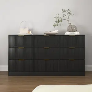 [Fahuac] 63" Black 9-Drawer Dresser with Wave Pattern & Gold Handles, Large Deep Chest of Drawers, Wooden Storage Cabinet for Bedroom Living Room Hallway