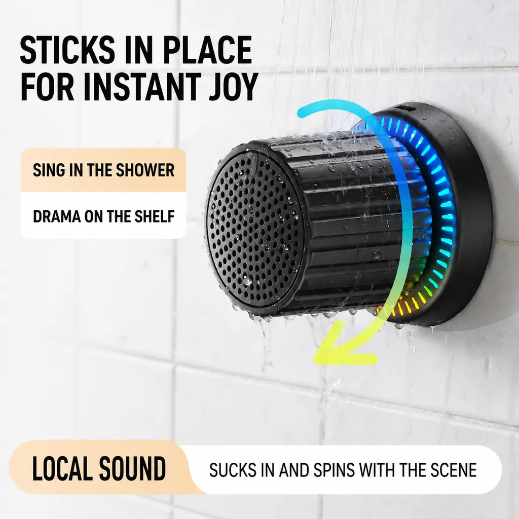 Wireless Bluetooth speaker, waterproof magnetic speaker for bathrooms, hands-free calling, high-definition stereo sound, 180-degree rotatable strong suction mini portable outdoor small speaker, suitable for bathrooms, kitchens, and swimming pools.