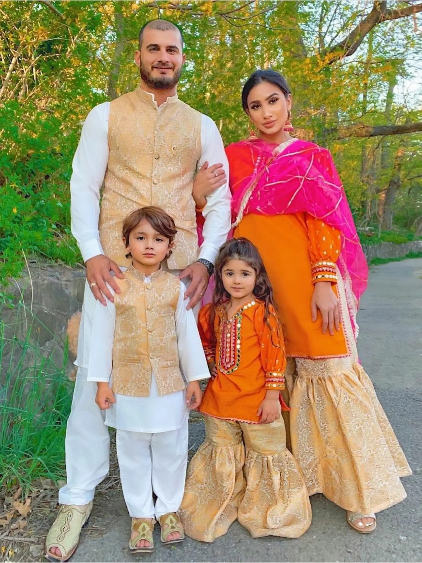 Gold Clementine Cotton Raw Silk Orange Shirt with Mirrors & Indian Lace Work Traditional Gold Banarasi Gharara Matching Outfit for Family