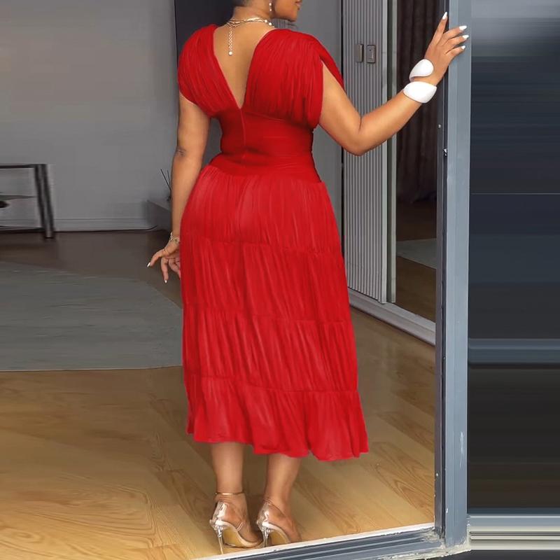 ChicMe Textured V Neck Sleeveless Valentine's Day Ruched Ruffles Hem Dress Casual Waist A Line Party Midi Dress for Wedding & Wedding Guest