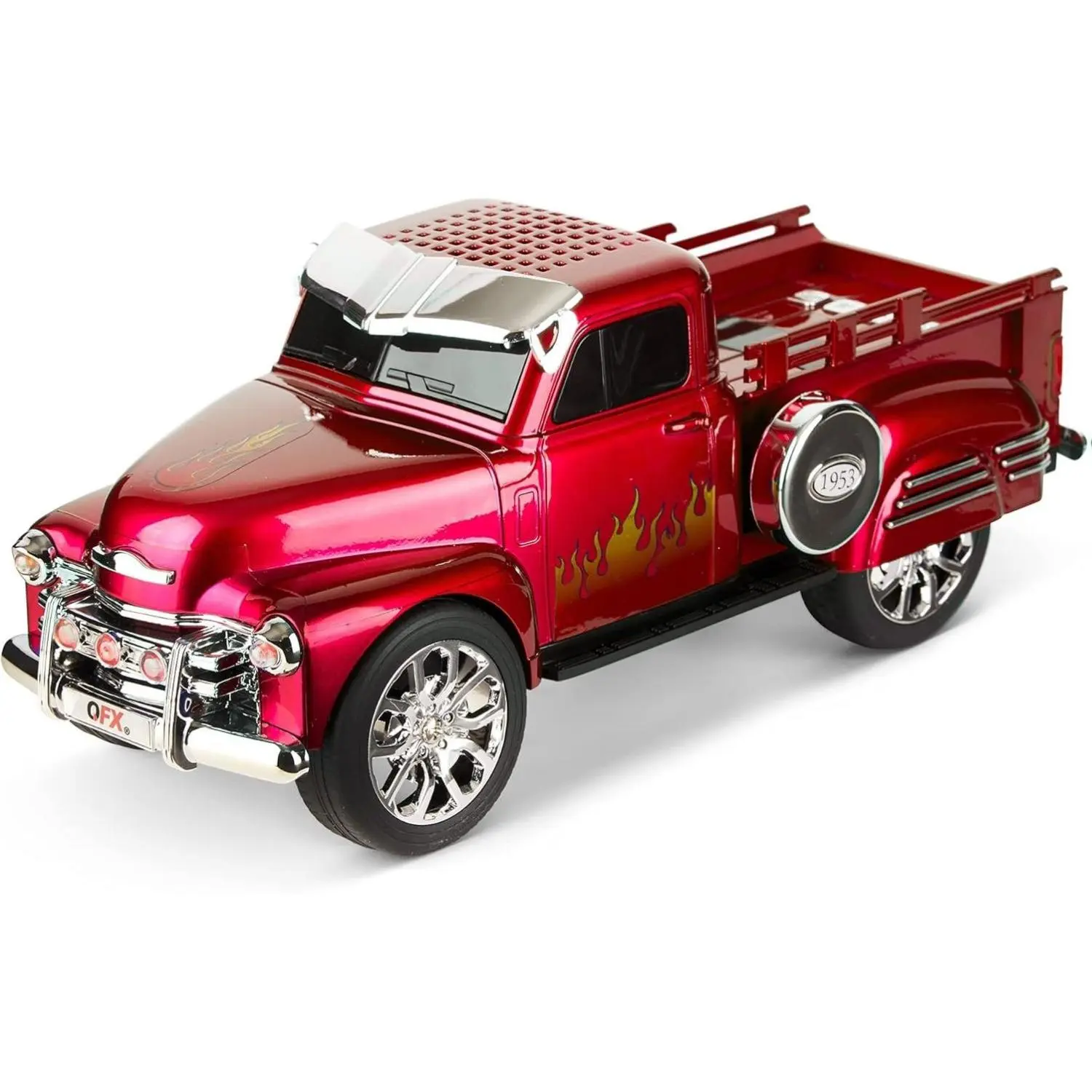QFX Bluetooth 1953 Hot Rod Pickup Truck Replica Speaker, 3-inch Speakers, Hands Free Link, Built-in Microphone, FM Radio and LED Party Lights, Red - BT-1953-RED