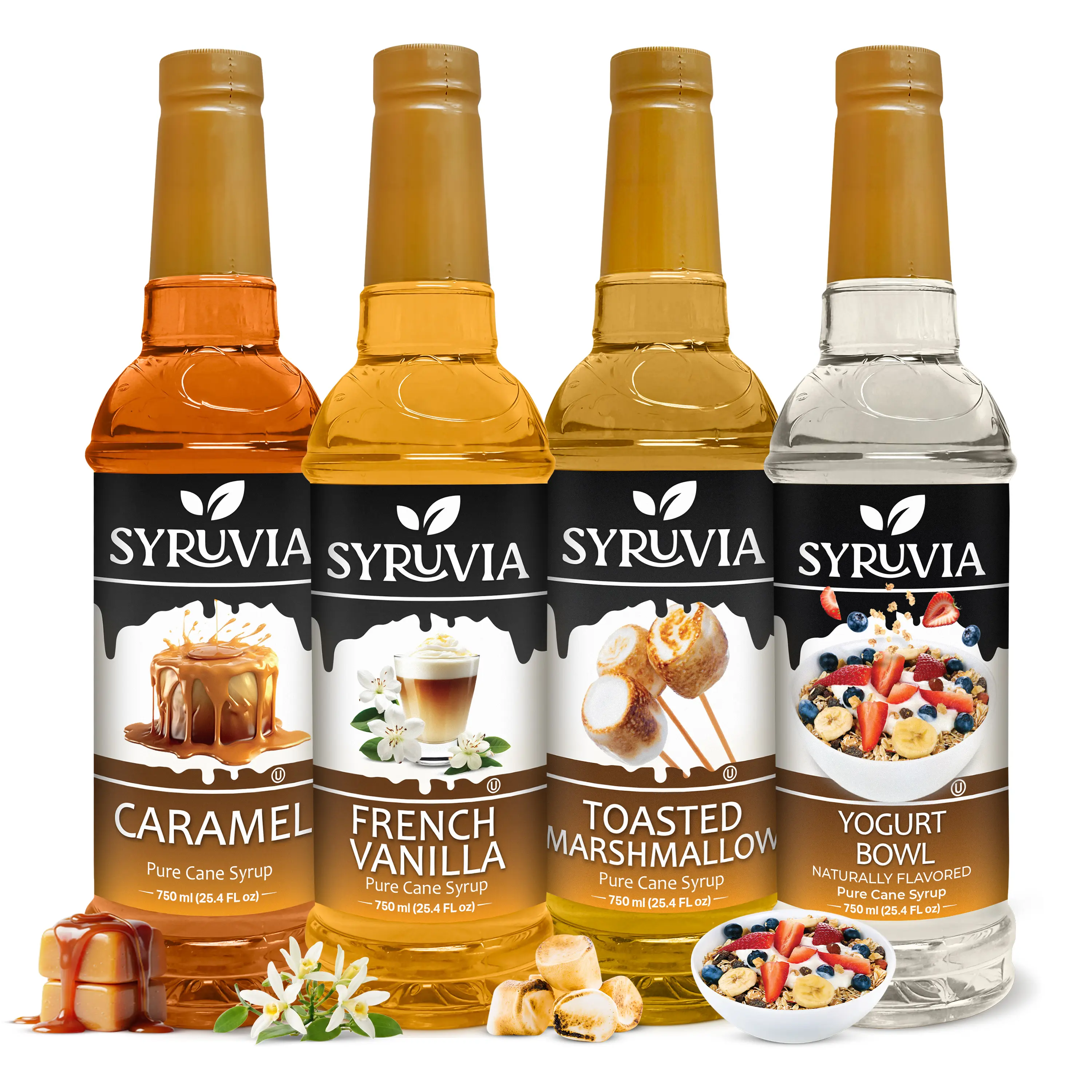 Syruvia Dessert Lover’s Variety Pack – Caramel, French Vanilla, Toasted Marshmallow & Yogurt Bowl Flavored Syrup – Perfect for Coffee, Desserts & More – 25.4 Fl oz (4 Pack)