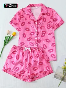 Women's Valentine's Day Sleepwear Set, Lip Print Sweet Lapel Short Sleeve Top with Pocket and Bow Shorts, Casual Fitted Homeewear, Loungewear, Pajama Pjs, Feminine