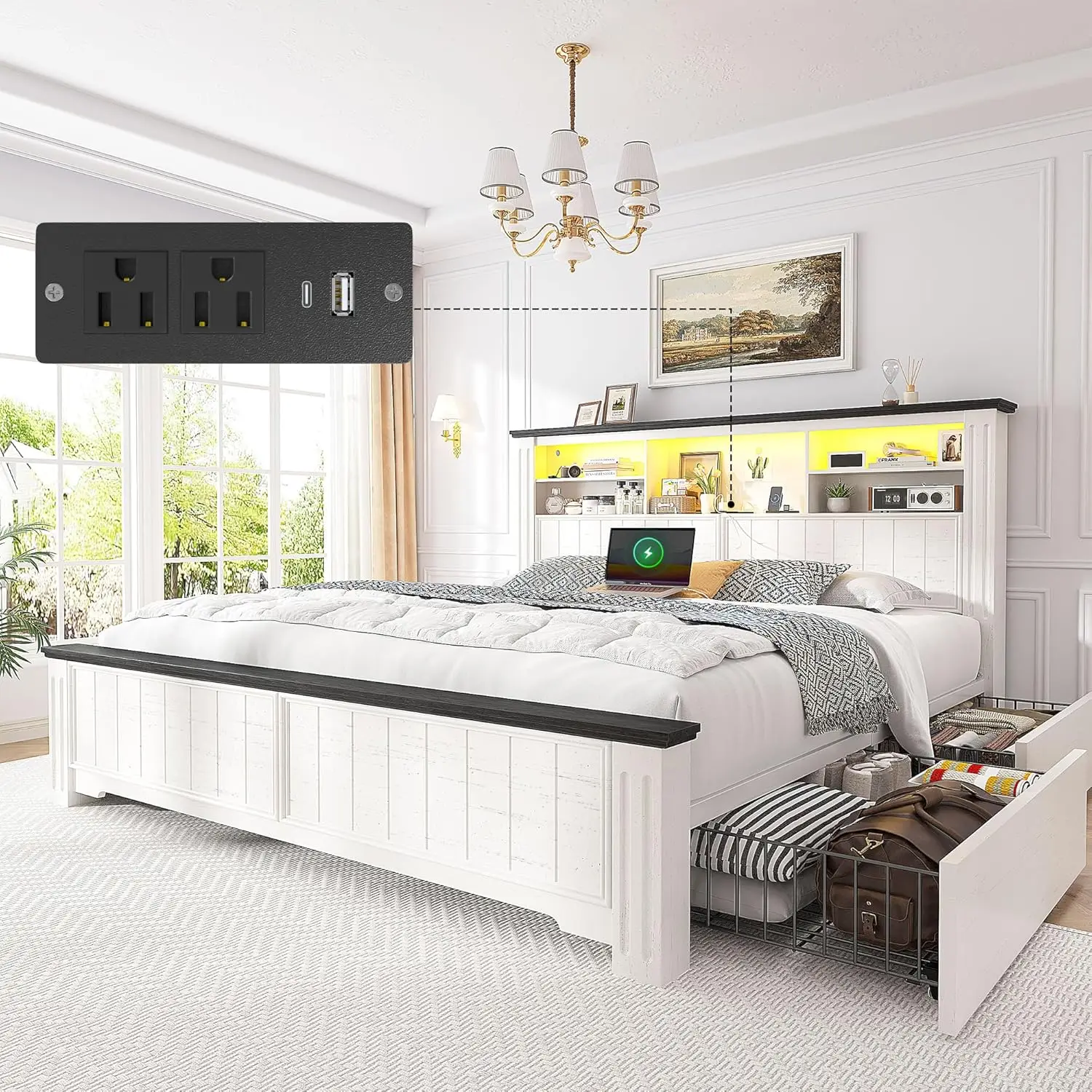 Raybee Full Queen King Bed Frame with 4 Storage Drawers, LED and Charging Station, Farmhouse Bed Frame with Headboard and Metal Slats, Holds 900LBS,