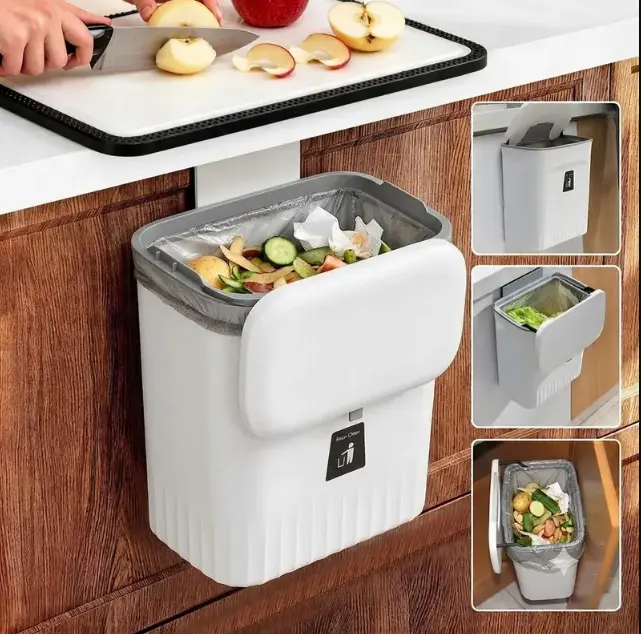 9L  Kitchen Compost Bin for Counter Top or Under Sink, Hanging Small Trash Can with Lid for Cupboard/Bathroom/Bedroom/Office/Camping, Mountable Indoor Compost Bucket, White