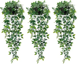 3 Pack Artificial Hanging Plants with Pots Faux Indoor Outdoor Wall Hanging Greenery Decor Plastic Fake Plants for Bedroom Bathroom Balcony Shelf Home Decoration