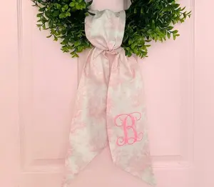 Monogrammed Pink Toile Wreath Sash for Front Door - Personalized Embroidered Easter Spring Home Decor