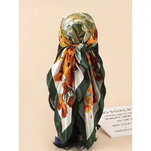 1pc Women's 90cm Satin Oil Painting Printed Scarf, Suitable For Daily Use As Headscarf Or Shawl Bandana Headband Fashion Hairband