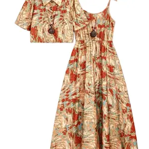 Elegant Floral Print Short Sleeve Blouse & Backless Dress Set Casual Womenswear Summer