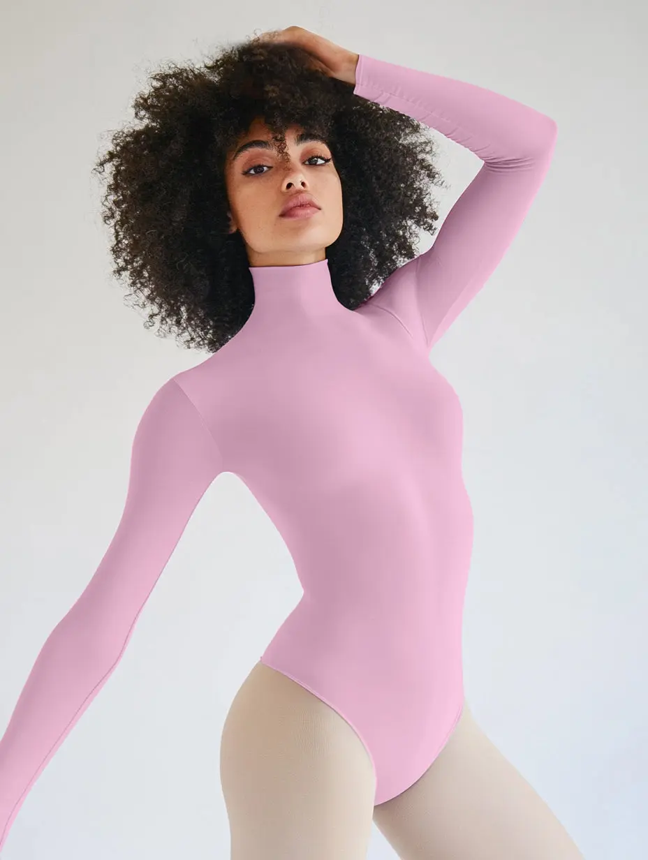 Long Sleeve Mock Neck Leotard - Light Pink