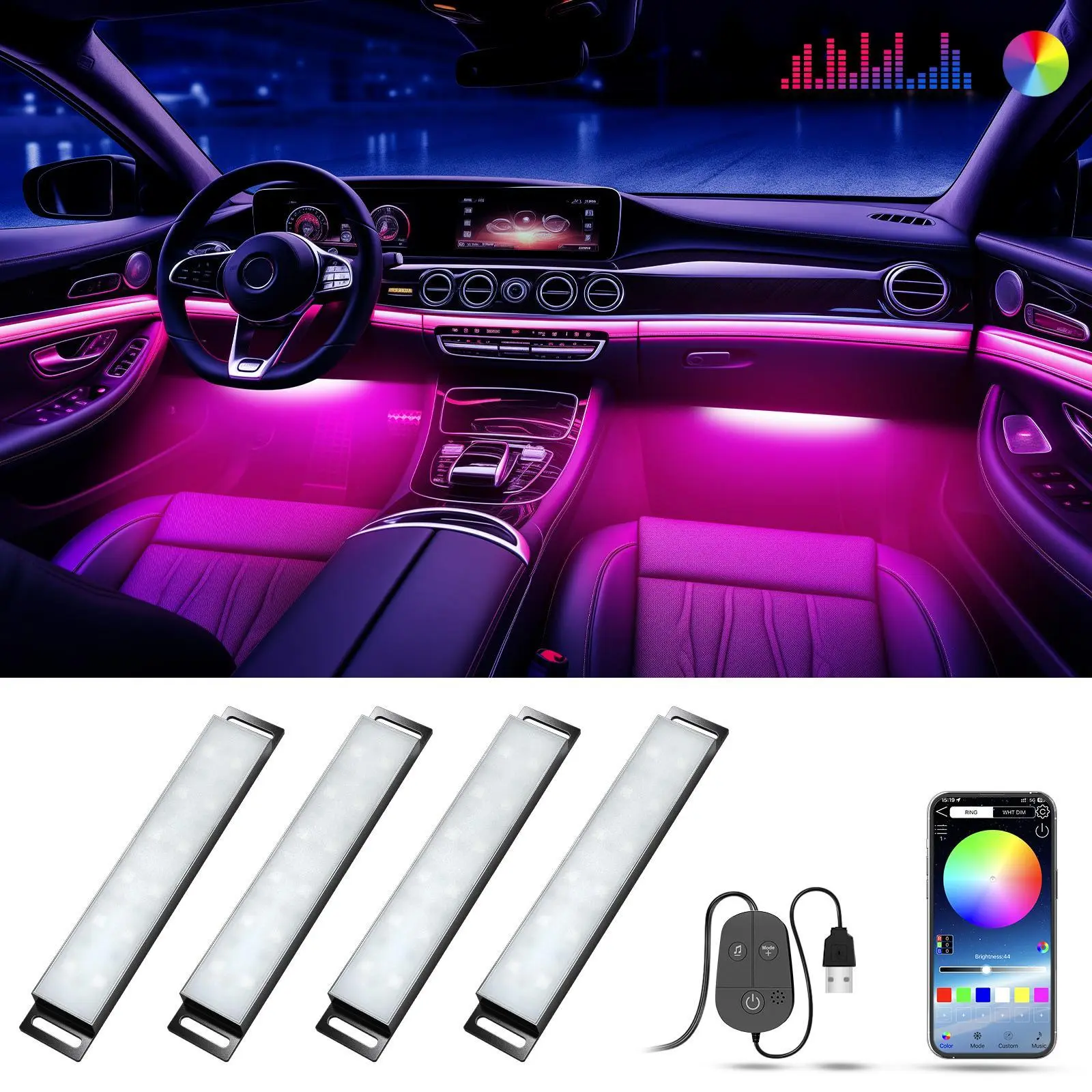 Car Interior Light Kit, Car Ambient Light with App Control, Interior Decorative Light, Car Accessories, Car Interior Lighting