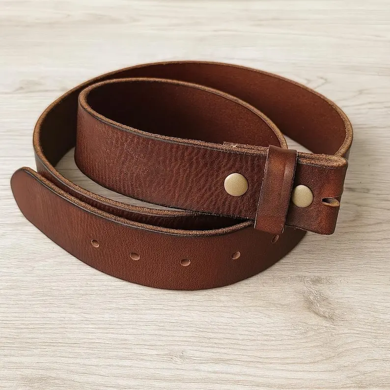 Vintage Style Brown Leather Belt Strap: Interchangeable Buckle, Full Grain Cowhide