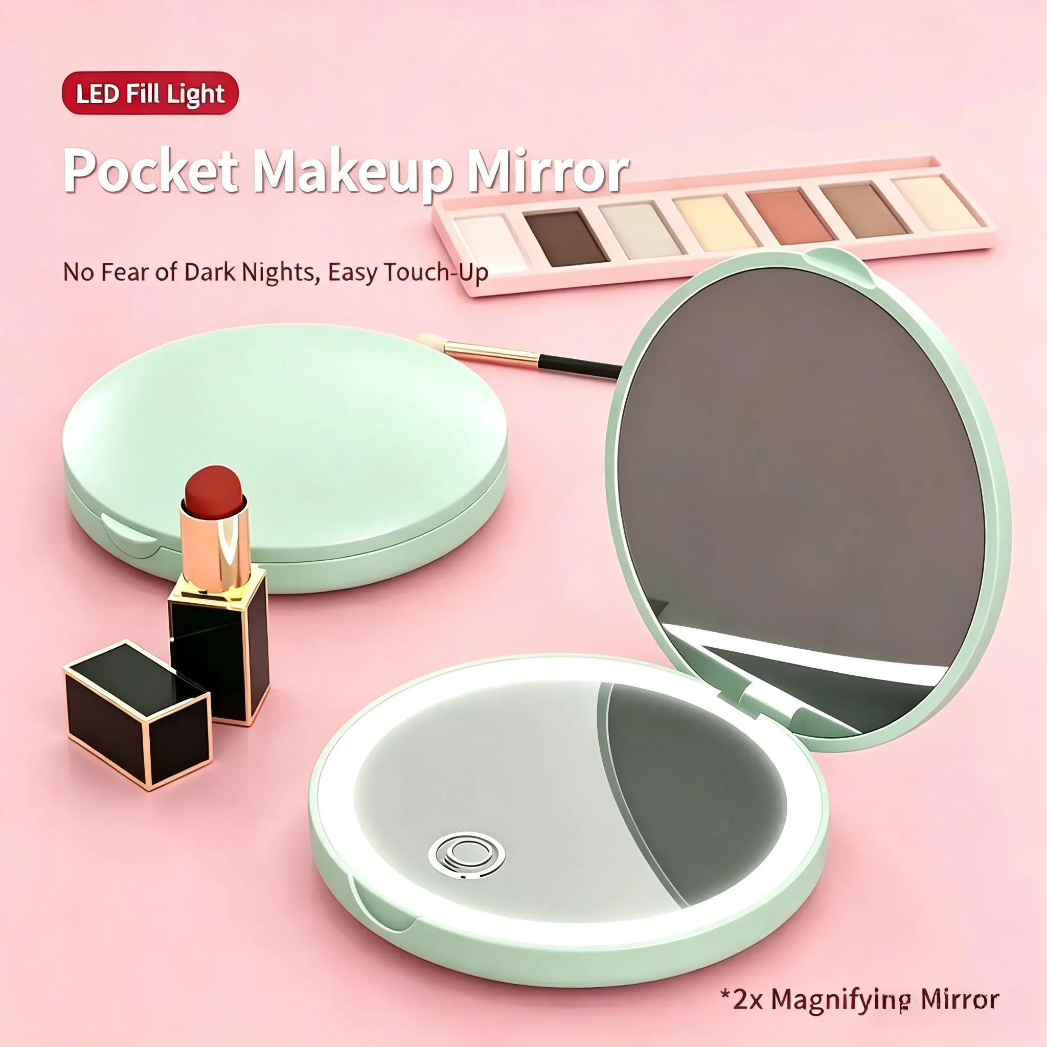 3-in-1 LED Travel Makeup Mirror - Pink/Green/White, Foldable Compact, 2X Magnification, Dimmable Touch Control, USB Rechargeable Handheld Pocket Bathroom Gadget for Travel