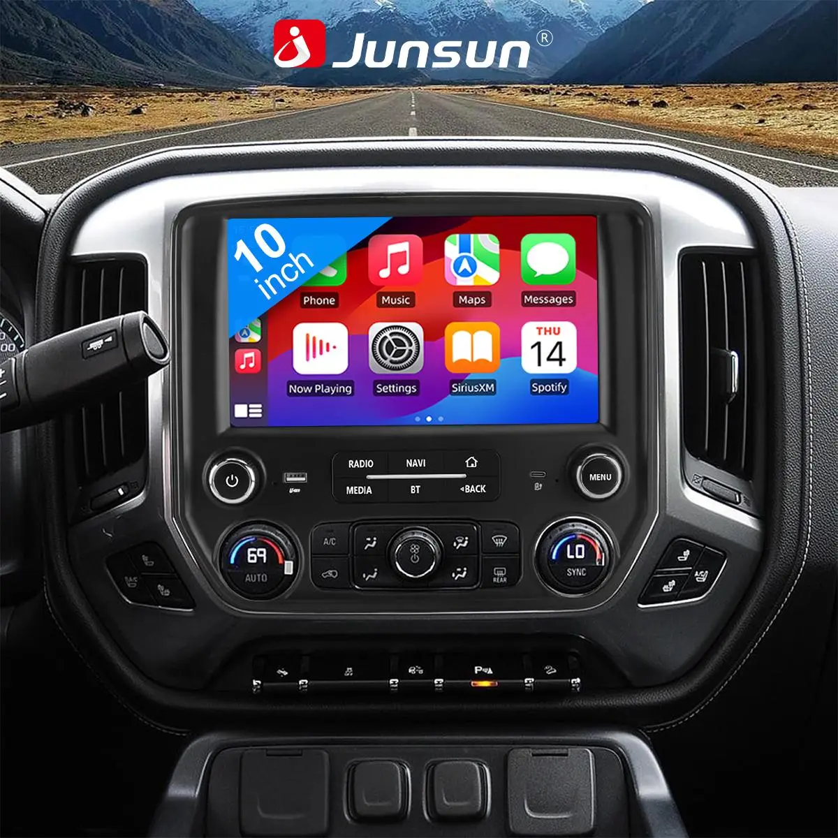 Junsun 10-in Car Radio Stereo for Chevy Silverado GMC Sierra 2014-2018, 2GB RAM 64GB ROM, Android 13, Wireless CarPlay, Auto GPS Navigation, Bluetooth, WiFi Touchscreen Multimedia Video Player with Car Audio, Chevy/Gmc, Wireless Play