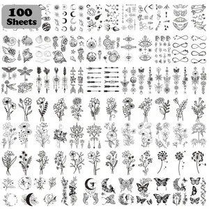100 Sheets Temporary Tattoos for Women Adult, 420 Mixed Styles Tiny Branch Fake Tattoo Stickers that Look Real and Last Long, Realistic Henna Tattoo for Girl Body Art Sticker