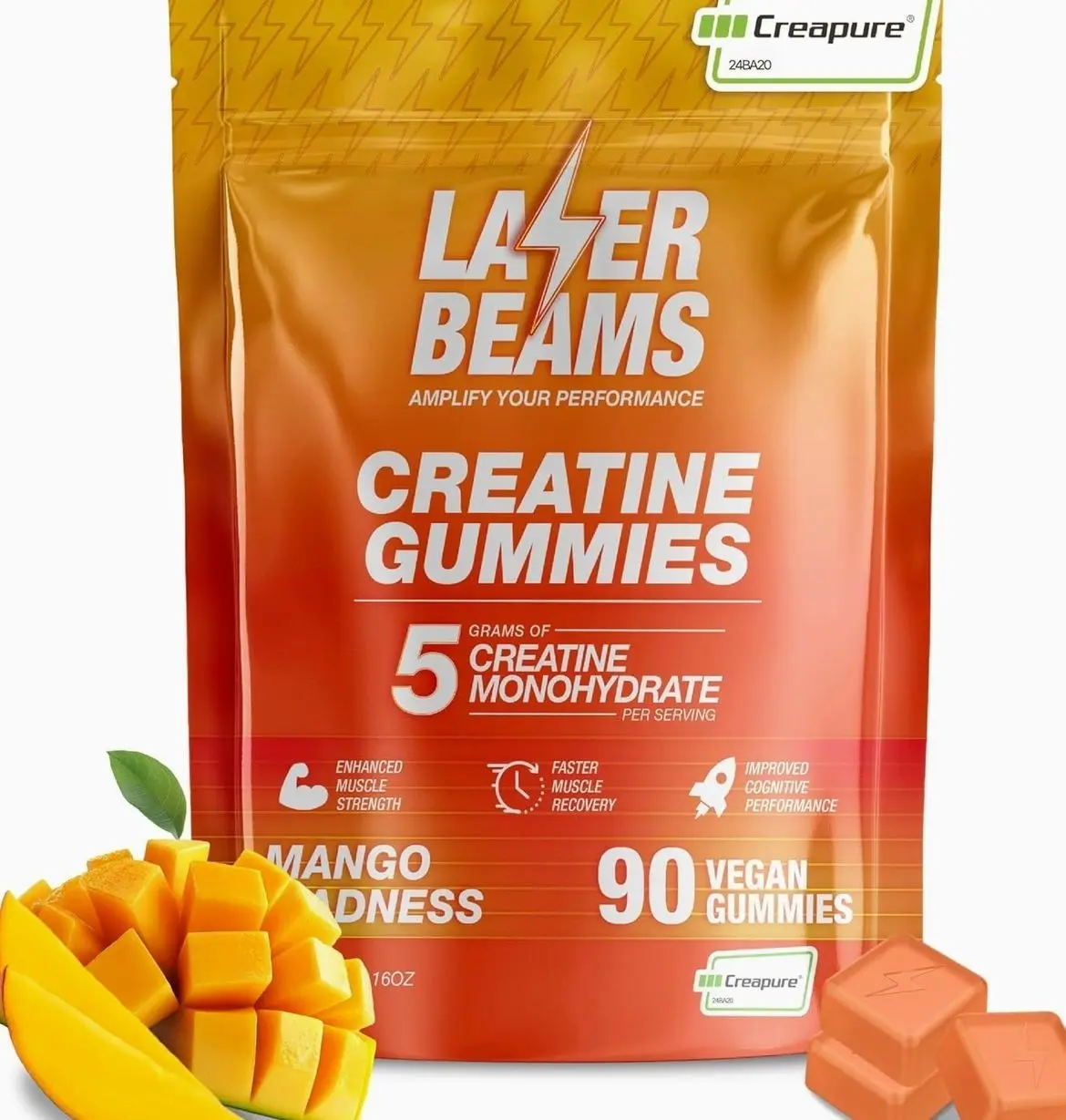 Creatine Monohydrate Gummies for Women & Men - 5g Creapure Creatine per Serving - Vegan, Mango Flavor - Boost Muscle Strength, Endurance, Recovery & Mental Focus (90 Gummies)