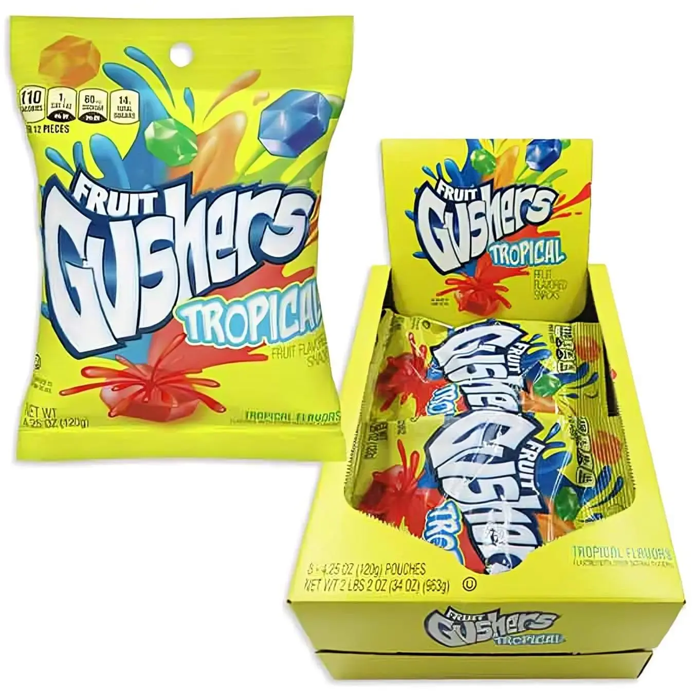 Gushers Tropical Flavors Fruit Flavored Snacks 8 ct. - Sweet and Soft Gummy with Fruity Liquid Center with Tropical Fruits Flavor - 8 Count Flavor Natural Vitamin