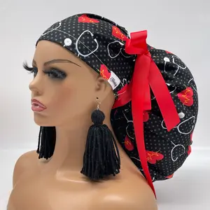Niceroy 2XL JUMBO PONY Scrub Cap EKG Cotton Fabric Surgical Nursing Hat with Satin Lining for Extra Long Thick Hair Locs Adjustable Lightweight Personal Shower Cover
