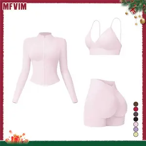 MFVIM Women's Sports Three-Piece Set Impact Compression High Waist Butt Lifting Yoga Pants for Running Yoga Everyday Workouts