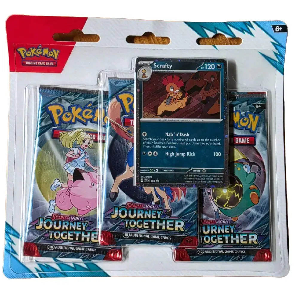 Pokémon TCG: Scarlet & Violet-Journey Together 3-Pack Blister, Includes Scrafty or Yanmega Foil Promo Card, 3 Booster Packs