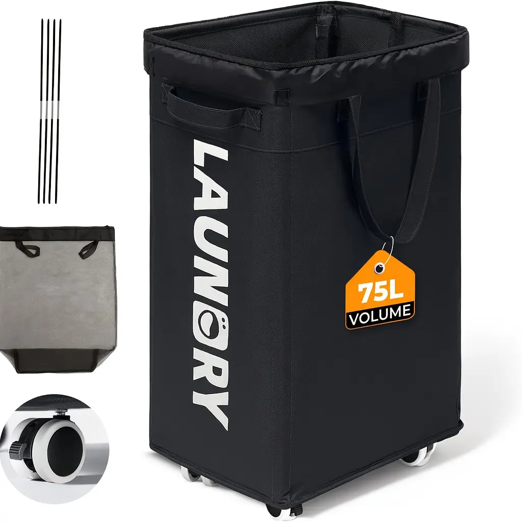 75L Sturdy Oxford Fabric Wheeled Laundry Hamper - Foldable, Detachable Basket, Portable Handle, Wipe-Clean Rolling Storage - Laundry Organization Container for Bedroom, Bathroom (Black)