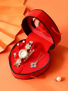 Heart-Shaped Velvet Romantic Jewelry Set, Diamond Dial Watch, Necklace & Ring, Heart Gift Box, Perfect Valentine's Day Birthday Present