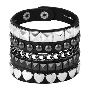 3Pcs Punk Bracelets Set - Adjustable Spiked Wide Leather Cuff 80s Gothic Rock Stackable Wristband for Women Men Halloween Costume
