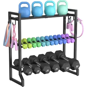 3-Tier Adjustable Dumbbell Rack, 31-Inch Weight Rack for Home Gym with 4 Hooks, Home Gym Storage for Kettlebells, Space-Saving Dumbbell Stand - 400LB Capac
