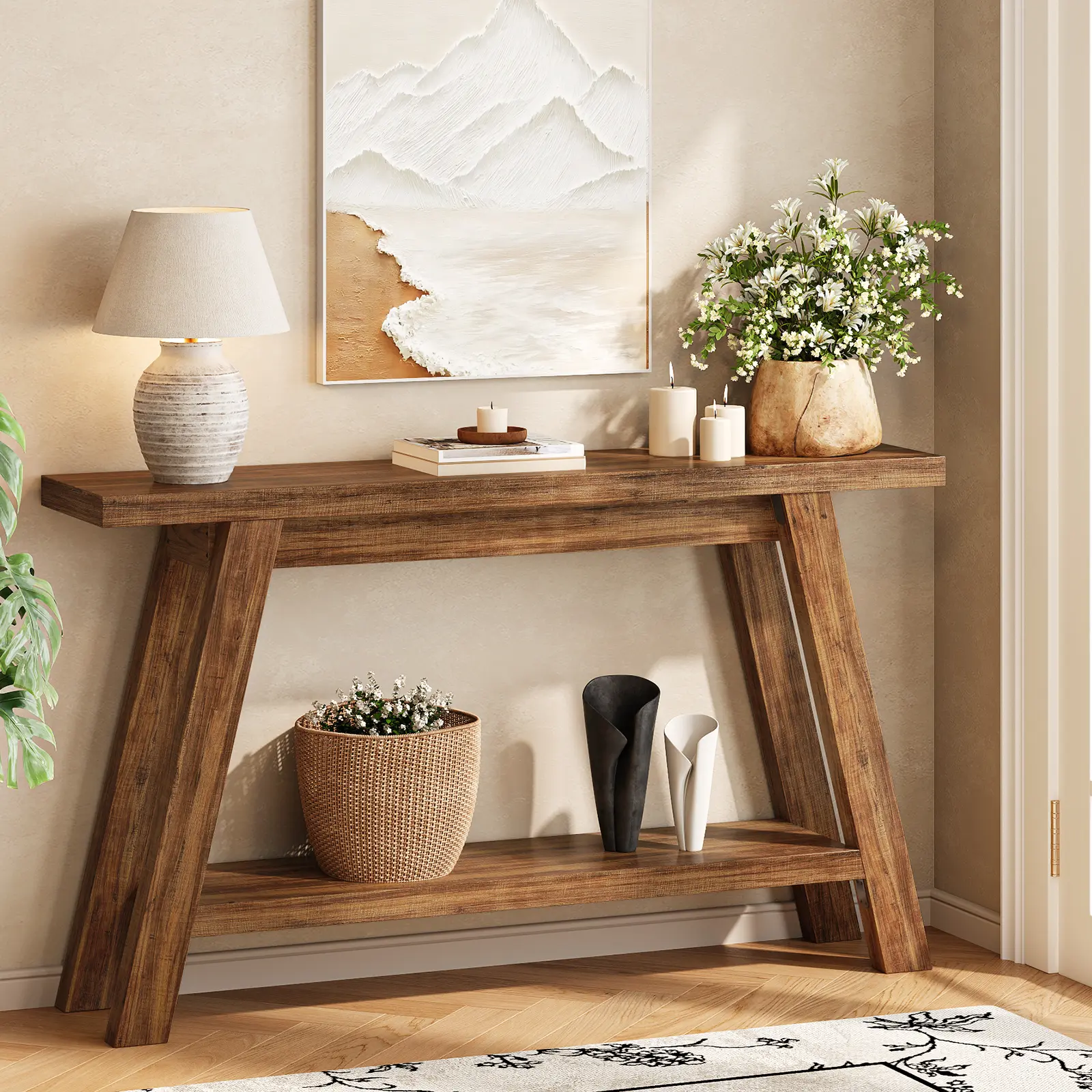 55-inch Modern Wood Console Table - 2-Tier Wood Table with Storage for Foyer, Living Room, Couches Area, Modern Wood Table