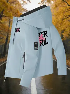Women's Hooded Windbreaker Jacket Double sided BIKER GIRL Pink Moto Print Jacket Two Color Options Hooded Loose All Season Warm Jacket Ideal for Daily Commute Hiking Climbing Wear Skin Friendly Breathable Machine Washable Plussize