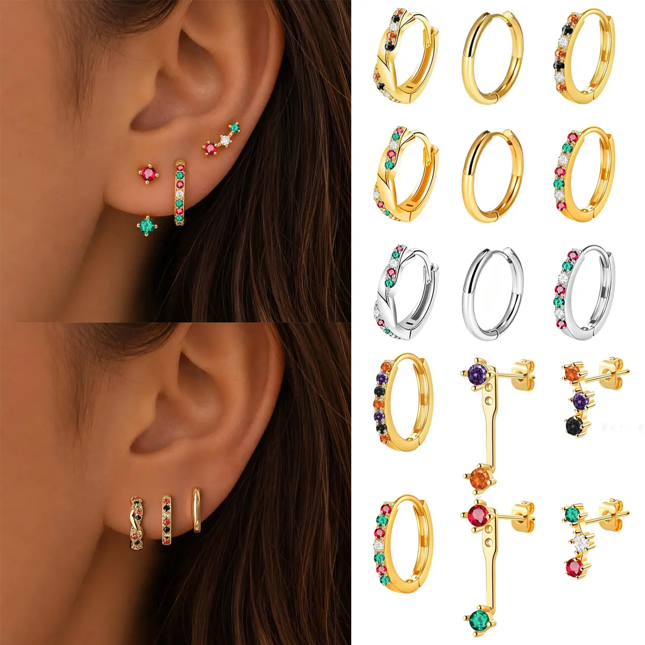 3 Pairs Christmas/Halloween Small Earrings Set for Women, Birthstone Stud Huggie Hoop Jacket Stack for Cartilage Helix, Gold Plated Hypoallergenic Cute Women Fashion Accessories Western Jewelry Gifts