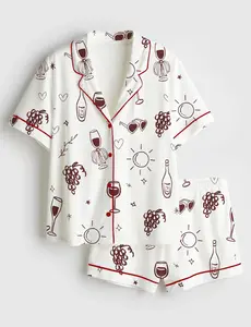 Women’s Satin Pajama Set – Wine Print Bridal Sleepwear, Bachelorette Pajamas, Soft Button-Up PJ Set