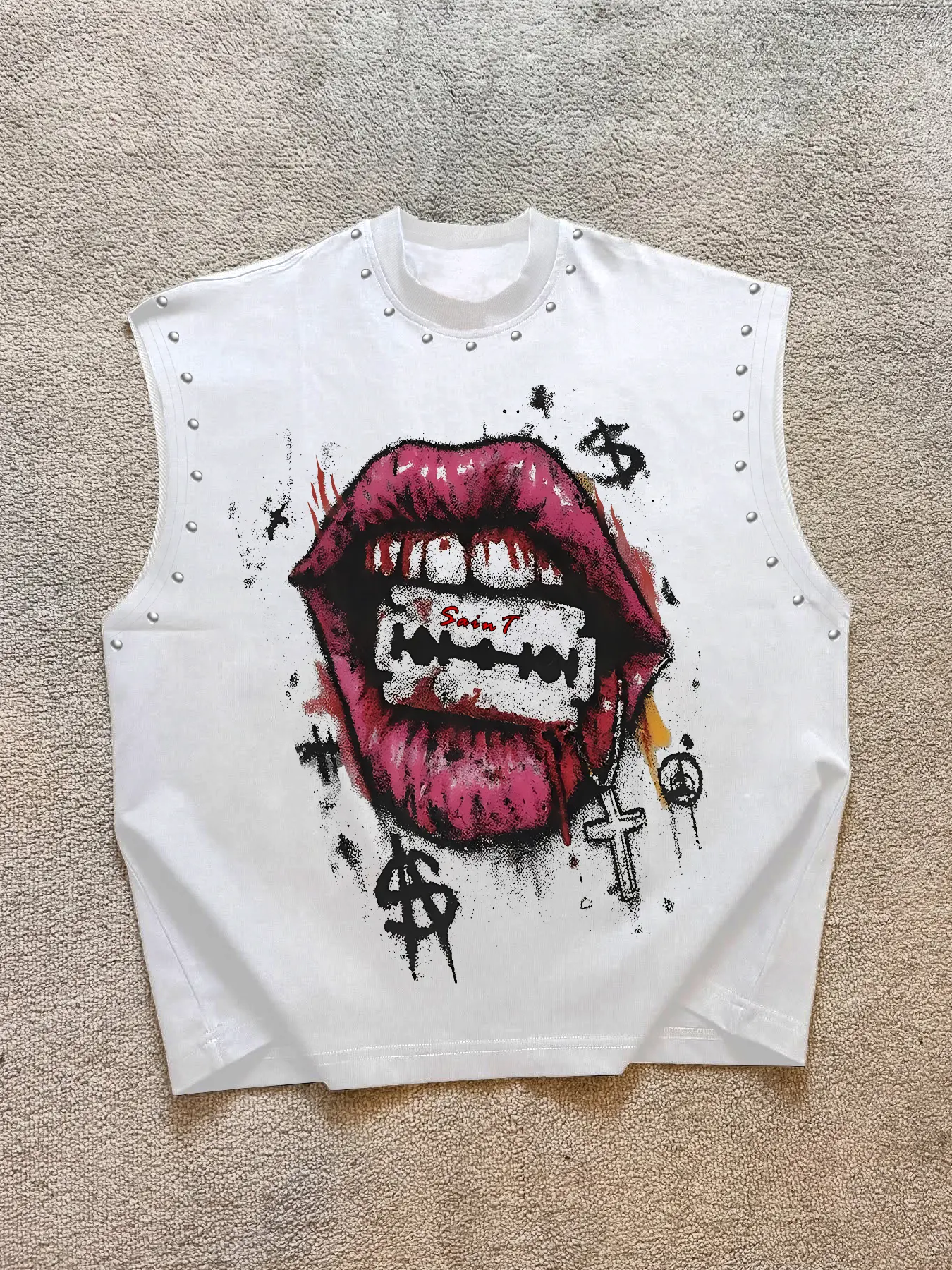 Men's Casual Vest Tank Top, Background Graffiti Lip Print, Regular Fit, Fashion Versatile, Rebel Style, Daily Wear, Light Social, Breathable