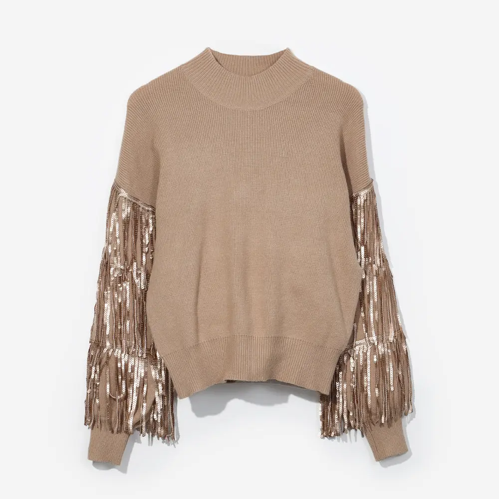 Sequin Fringe Sweater | Tan