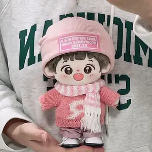 Kawaii 5-Piece Doll Clothes Set, Pink Knitwear with R Logo & Hat, Plaid Scarf Pants for 20cm Plush Doll, Cute Complete Outfit Gi