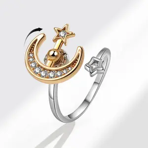 Moon Star Spinner Ring for Women, Gold-Plated Kinetic Fidget Jewelry for Anxiety Relief, Adjustable Band with Cubic Zirconia, Kinetic Rings