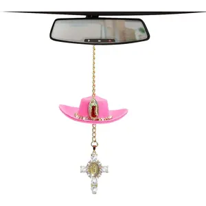 Cowboy Hat Crystal Cross Car Charm,Cowboy Hat Country Rear View Mirror Charm Cute Handmade Felt Mini Hat Ornament Pendent Auto Interior Rearview Decor Automotive Interior Mirrors Accessories (Pink)